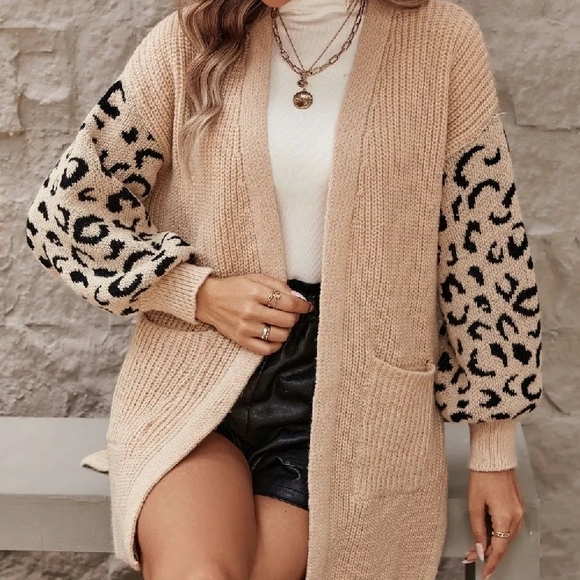 New! Leopard Sleeve Beige Cardigan - Picture 1 of 6